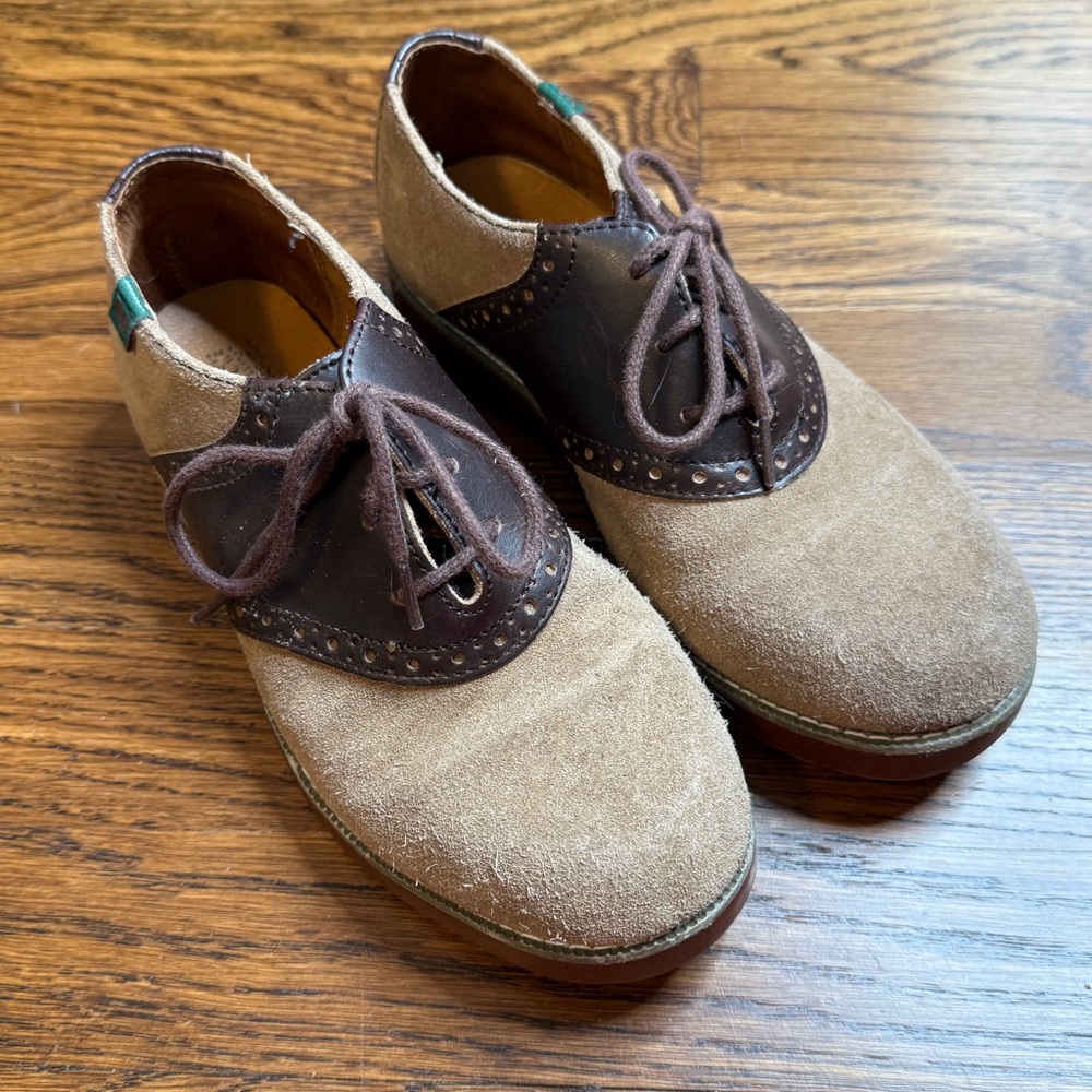 School Issue Varsity Girls Two Tone Tan and Brown Leather and Suede Oxfords 2.5